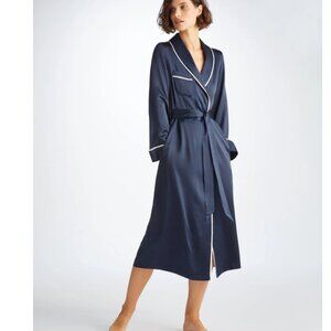 Derek Rose Women's Long Robe Bailey Silk Satin Navy